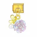 Maillon de charme italien doré avec rose violette irisée, papillon et perle élégante. - Style Papillon Or Rose Violette Irisée (ICG892-4)