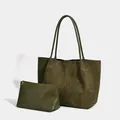 Elegant olive green vintage suede tote bag with matching smaller pouch set for daily use - Green
