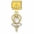 Maillon de charme italien doré avec pendentif baguette en cœur et cristaux transparents - Style Sceptre Gemme Cœur Doré (ICG893-1)
