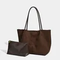 High-capacity retro brown suede tote bag with matching leather inner pouch for daily commuting - Brown