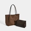 Vintage chocolate brown suede large capacity tote bag with matching leather inner pouch - Light Coffee