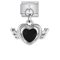 Maillon modulaire italien avec pendentif cœur noir ailé en acier argenté - Style Ailes d'Ange Cœur Noir Argent (ICG895-3)