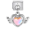 Charme modulaire italien avec cœur ailé et centre iridescent en finition argent - Style Ailes d'Ange Cœur Violet Argent (ICG895-4)