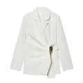 Detail of white blazer jacket with gold metal buckle and asymmetrical draping - XS / Tops / White
