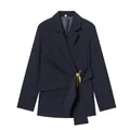 Elegant detail of dark navy blazer featuring draped front and sculptural gold buckle - XS / Tops / Navy Blue