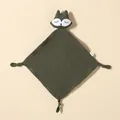 Soft dark green cotton muslin baby security blanket with cute cartoon fox head design - Brownish Green