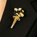 Creative gold floral vase brooch pin with daisy flowers, unique SKU variant for suit lapels. - Embossed Frame Vase Brooch (4548)