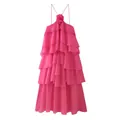 Vibrant fuchsia tiered ruffle dress with elegant floral halter neck detail for summer - Rose Red