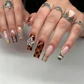 Faux ongles longs carrés écaille de tortue avec fleurs 3D et bords dorés - Style Floral 3D Français Doré Léopard (M-B324) / 24 Pièces/Ensemble