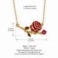 Vintage red rose pendant necklace in gold-tone copper with measurements and weight details - July