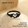 Detailed view of black hand heart ring with 0.73cm width and stainless steel specs - Small (NMSR-H719-3)