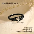 Detailed view of black stainless steel ring with hand heart design and size specs - Large (NMSR-H7110-3)