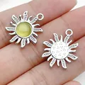 Silver sun flower alloy charm with yellow cat eye stone for DIY bracelet and earring - Green Cat's Eye Sun Flower (28610) / 1 Piece (21x18x3mm) / Silver