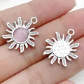 Intricate silver sunflower alloy charm with pink center stone for DIY jewelry making - Pink Cat's Eye Sun Flower (28608) / 1 Piece (21x18x3mm) / Silver