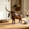 Rustic resin longhorn bull statue with wood grain finish used as a key holder desk decor - Longhorn Bull Figurine (17x6x14.5cm)