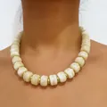 Cream-colored acrylic chunky bead necklace with gold spacers, elegant marble texture finish - Beige(32915)