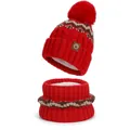 Rotes, fleecegefüttertes Strickmützen- und Schal-Set für den Winter mit Bommel und Muster - 2-Teiliges Set (Mütze + Schal) / Rot