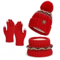 Dreiteiliges rotes Winter-Strickset mit Mütze Schal und Touchscreen-Handschuhen für Damen - 3-Teiliges Set (Mütze + Schal + Handschuhe) / Rot