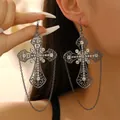 Large gothic antique silver cross earrings with intricate vine patterns and clear rhinestones - Exaggerated Hollow Rhinestone Cross with Chain Style (10414) / Gunmetal