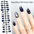 Luxurious royal blue and gold French style short almond press-on nails for women - Royal Blue Gilded French