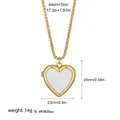 Gold heart locket necklace in stainless steel with white shell inlay and size details - Mother of Pearl Heart Locket Pendant (t343) / Gold