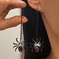Detailed view of gothic spider earrings with red gemstone and black chain for Halloween. - Bright Black Red Gem Style (X638)