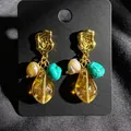 Elegant vintage gemstone drop earrings with turquoise stones and amber teardrop beads - Mother-of-pearl & Turquoise Leaf Beaded Earrings (2608182) / Amber/Turquoise