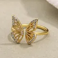 Eleganter S925 Sterlingsilber Gold Schmetterlingsring mit funkelnden Zirkonia Steinen verziert - Größe 14 (Offen Verstellbar) / 18K-Gold