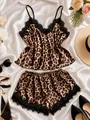 Luxurious leopard print silk satin pajama set with elegant black lace trim finish - Leopard Print