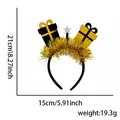 2027 New Year star headband in black and gold with tinsel decor and dimensions display - New Year Headband / Black & Gold Gift Box Style / Black & Gold