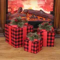 Set of 3 LED light-up Christmas gift boxes with red and black buffalo plaid fabric patterns - Red and Black Grid (No Light) / Three-Piece Set