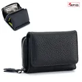 Classic black genuine leather mini trifold RFID blocking wallet with zipper coin pocket - Black