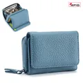 Kompakte blaue RFID-Mini-Geldbörse aus genarbtem Leder mit sicherem Reißverschluss-Münzfach - Denim-Blau