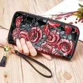 Red embossed rose genuine leather long wallet for women with wrist strap - Red Rose