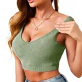 Detail view of green ribbed athletic crop top with padded support for women. - S / Tops / Green