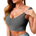Detail of women's grey ribbed crop top showcasing slim fit and chest pad support - S / Tops / Black