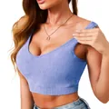 Detail shot of women's blue ribbed crop tank top showing athletic fit and soft texture. - S / Tops / Blue