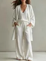 Elegant 3-piece white linen casual set featuring cardigan, tank top, and wide-leg pants. - S / Top And Bottom / White