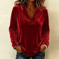 Elegante top a maniche lunghe in velluto rosso scuro con un sexy scollo a V da donna - Taglia S / Top / Rosso