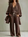 Élégant ensemble 3 pièces en lin avec cardigan, débardeur et pantalon large marron - Café