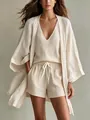 Detailed view of women's linen-textured 3-piece lounge set in beige color - Off White