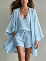 Full view of a women's light blue casual 3-piece set with cardigan, tank, and shorts. - Light Blue