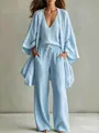 Detailed view of women's light blue three-piece linen set with cardigan and pants - S / Top And Bottom / Light Blue
