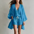 Detail of a three-piece women's casual set featuring a blue cardigan and shorts. - S / Set / Blue