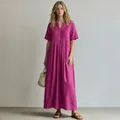 Elegant magenta V-neck short sleeve pleated cotton linen long dress on female model - S / Dresses / Rose Red