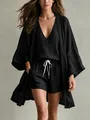 Women's elegant black three-piece lounge set featuring long cardigan, tank top and shorts - Black