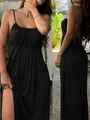 French style black summer maxi dress with drawstring bust and elegant high slit detail - S / Dresses / Black