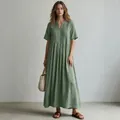 Full length view of casual loose sage green V-neck pleated cotton linen dress for women - Light Green / S