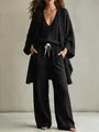 Vue détaillée de l'ensemble décontracté noir 3 pièces avec gilet et pantalon large - Noir