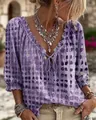 Bohemian purple polka dot summer printed blouse with ruffled sleeves and drawstring v-neck. - S / Tops / Purple